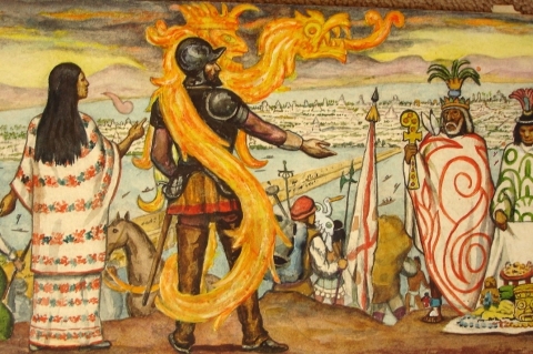 Fresque murale mexicaine représentant la Malinche et Cortès