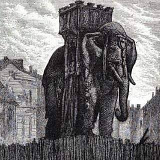L'éléphant de la Bastille illustration de Brion pour les Misérables via Wikimedia Commons